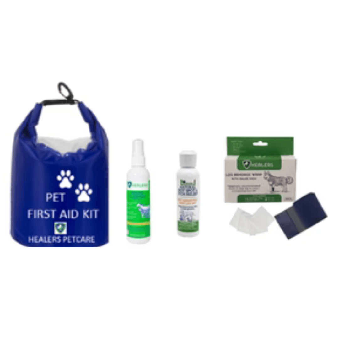 A pet first aid kit featuring a bag, a bottle, and a water bottle, essential for pet care emergencies.