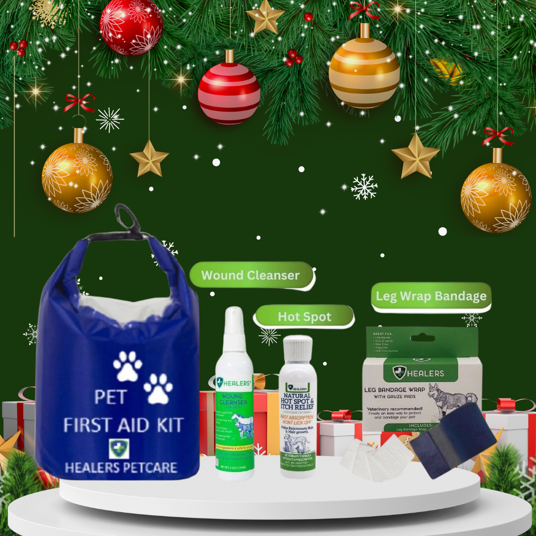 A pet first aid kit for the Xmas event, featuring a bag, a bottle, and a dog toy for your furry friend's safety.