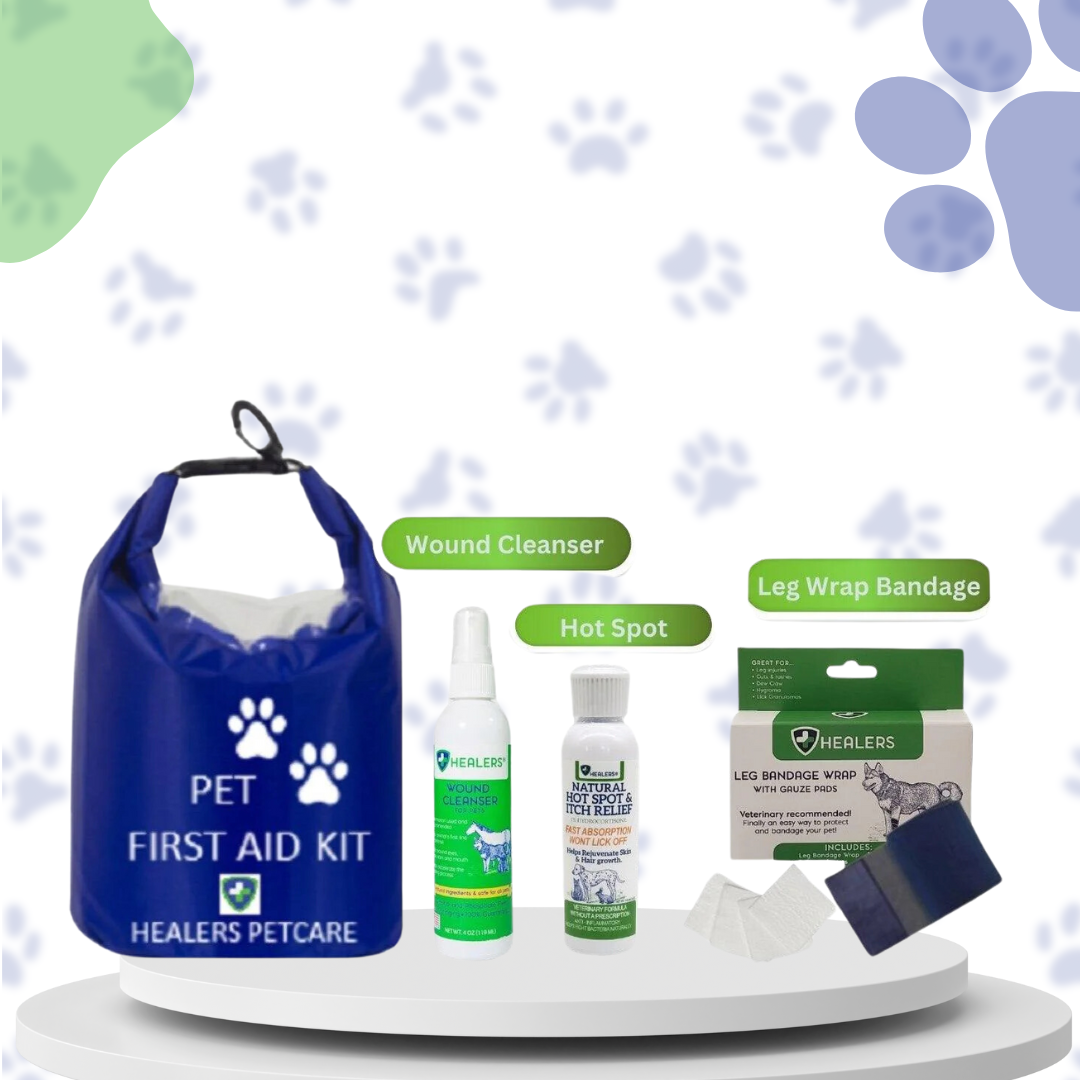 A pet first aid kit displayed with a bag, a bottle, and a dog's paw, showcasing important items for pet safety and care.