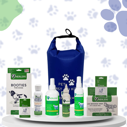 Pet care essentials bundle with three bags, including a complete first aid kit for pet emergencies.