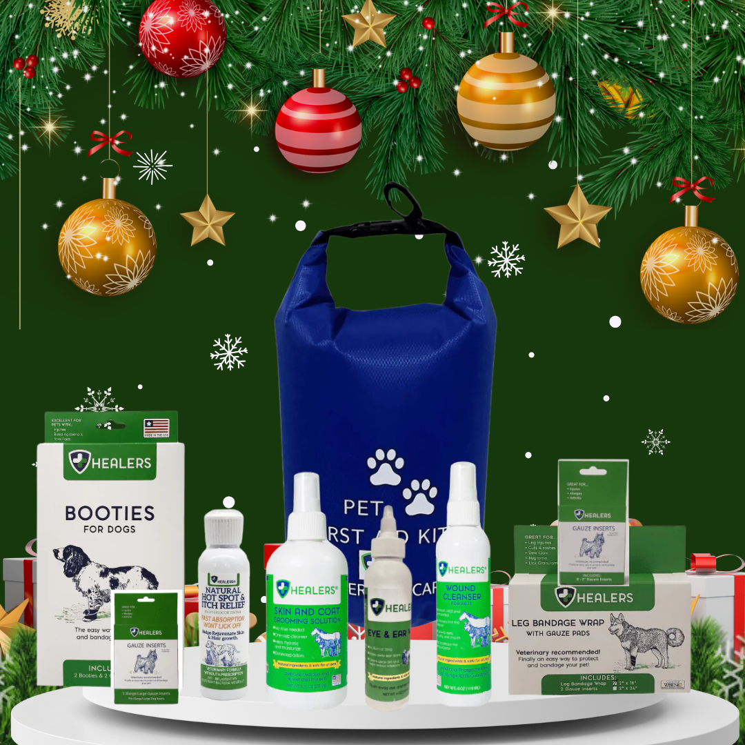 A festive pet care essentials bundle featuring a bag, dog treats, and various items, perfect for Christmas gifting.