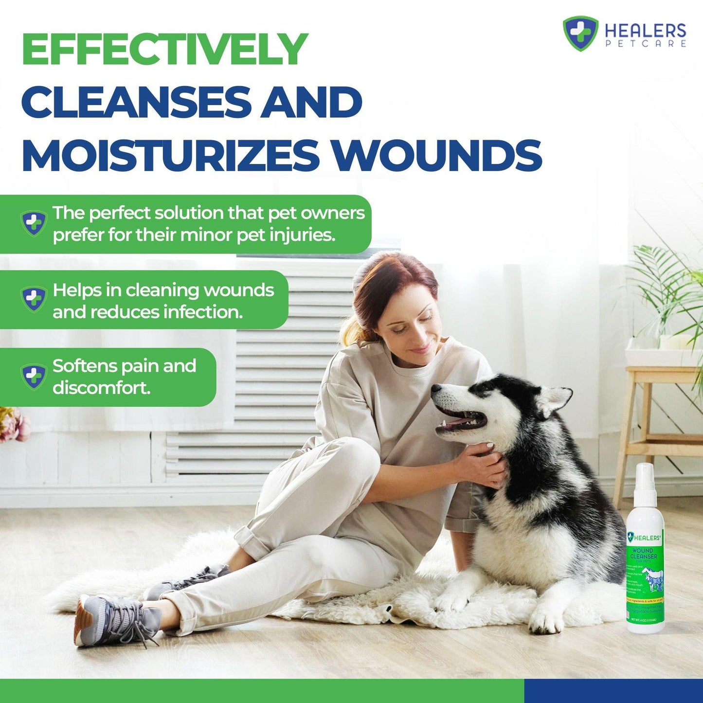 A woman and her husky sit on the floor, showcasing a wound cleanser that effectively cleans and moisturizes wounds.